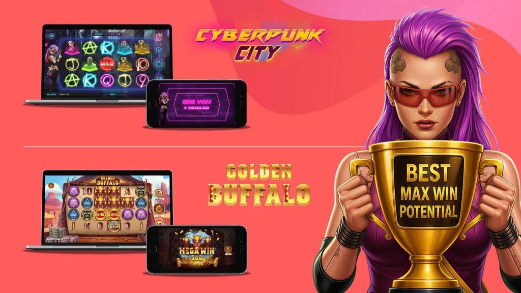 Cyberpunk presents a golden trophy demonstrating the slots with the highest win potential, which are Cyberpunk City and Golden Buffalo.