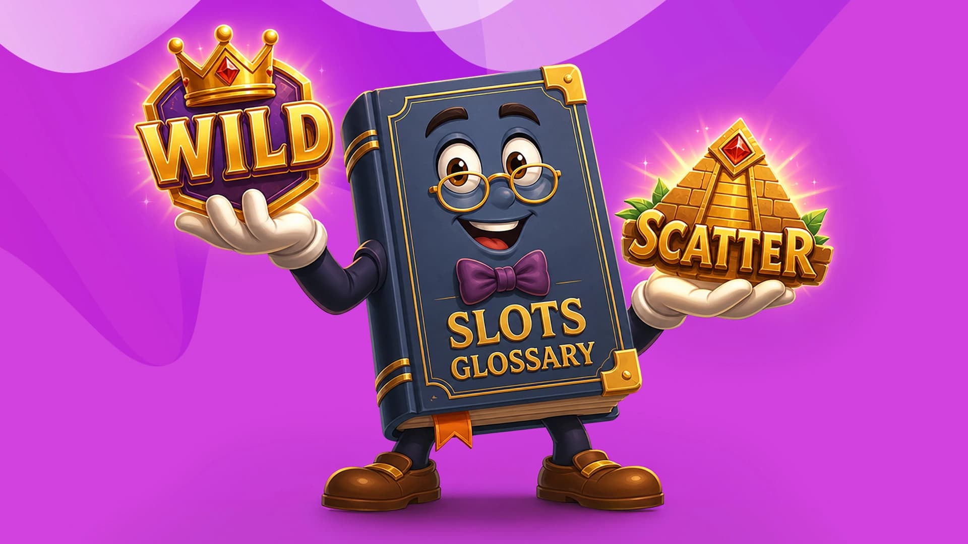 In a purple image, a dark blue Slots Glossary holds a wild and a scatter, preparing to tell us what they mean.