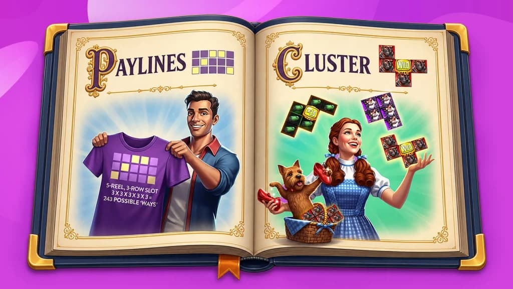 The Slots Glossary book is opened to two pages. On the left page, a man holds a purple t-shirt showing paylines, and on the right, Dorothy from The Wizard of Oz shows us cluster pays.