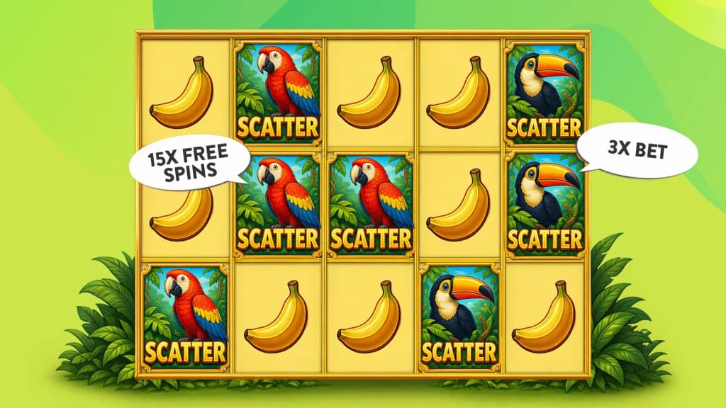 Multiple scatter symbols have landed throughout a 5x3 slot grid, with white thought bubbles pointing out that they lead to 15x free spins and a multiplier of 3x your bet.