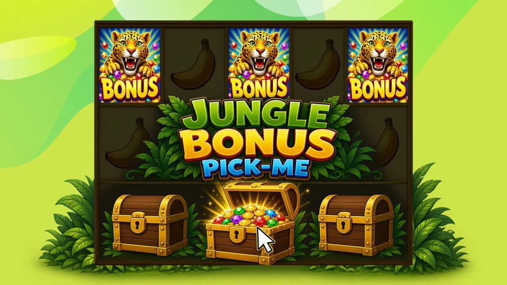 A slot bonus round called “Jungle Bonus Pick Me” is displayed on a lime green background, with three tiger bonus symbols and three treasure chests.