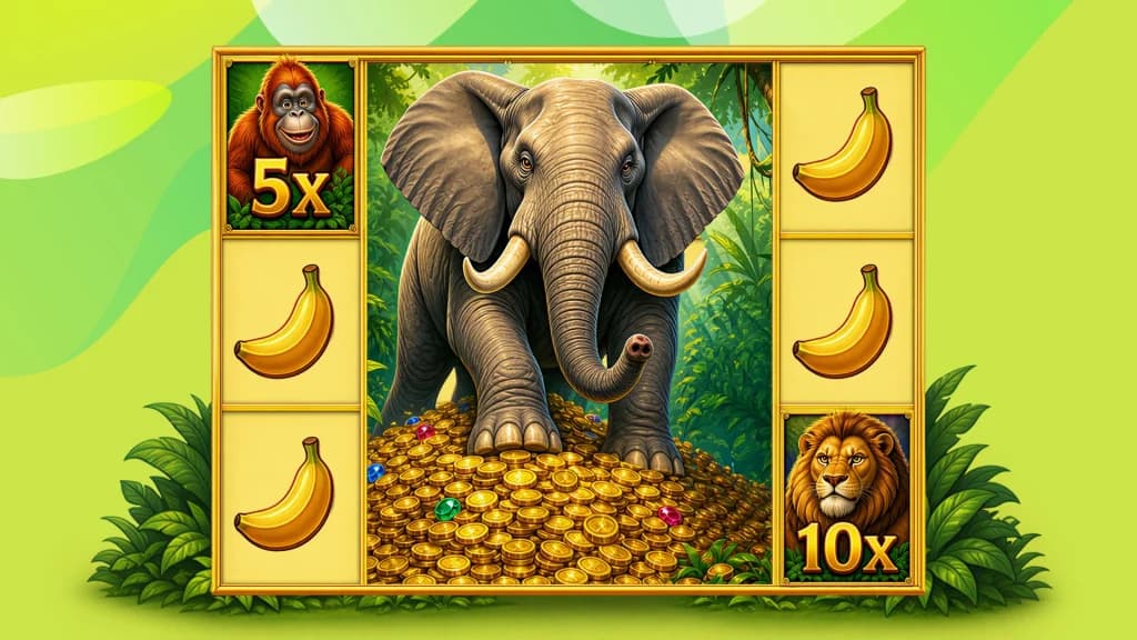 An elephant colossal symbol takes up the middle three reels on a 5x3 slot game, and 5x and 10x multipliers are displayed on either side.
