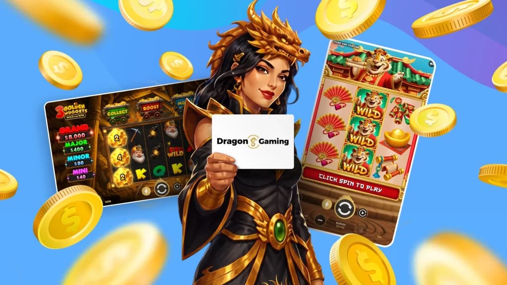 3 Golden Nuggets and Tiger King Fortunes are two slot games that are shown in action on either side of a woman with a dragon hood holding a white sign that says, “Dragon Gaming.”