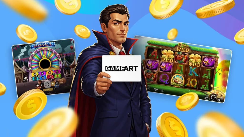 A man in a vampire-like cape holds a white sign for the slot developer GameArt. Carnival X and Clover Goes Wild by GameArt are displayed on screens on either side of him.