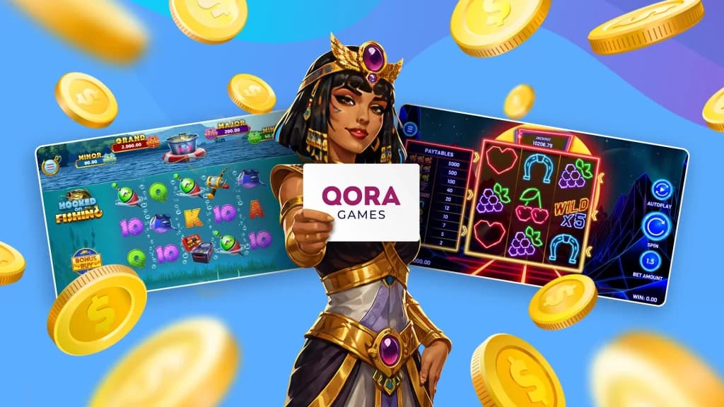 The Qora slot games called Hooked on Fishing and 10 Times Vegas are shown on desktop screens, with a woman in ancient Egyptian garb holding a white sign that says, “Qora Games.”