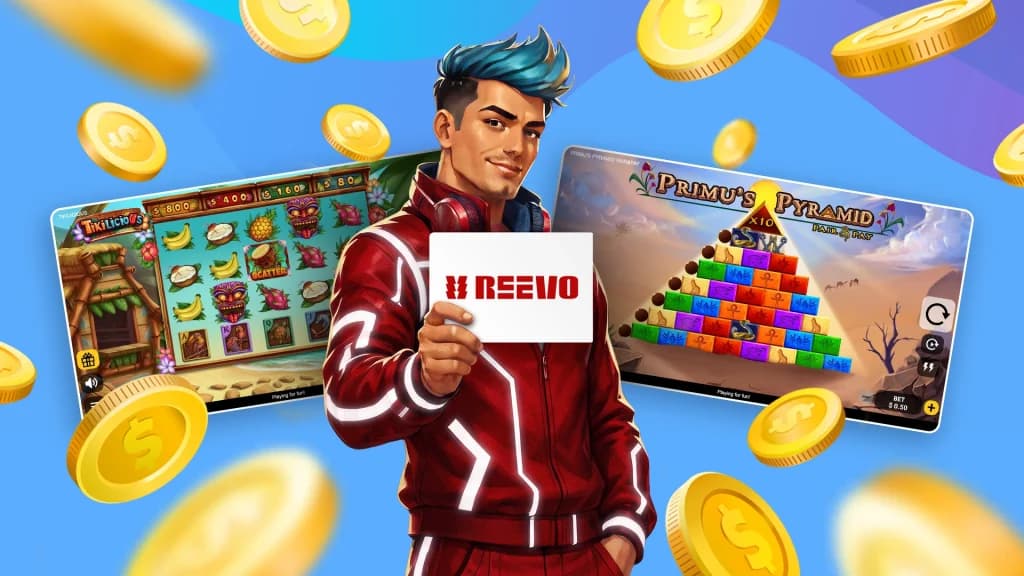 On a blue background with floating gold coins, a man with blue hair and a glowing red tracksuit holds a white sign that says, “Reevo.” Primu’s Pyramid and Tikilicious are two Reevo slot games that are shown in motion on either side of the man.