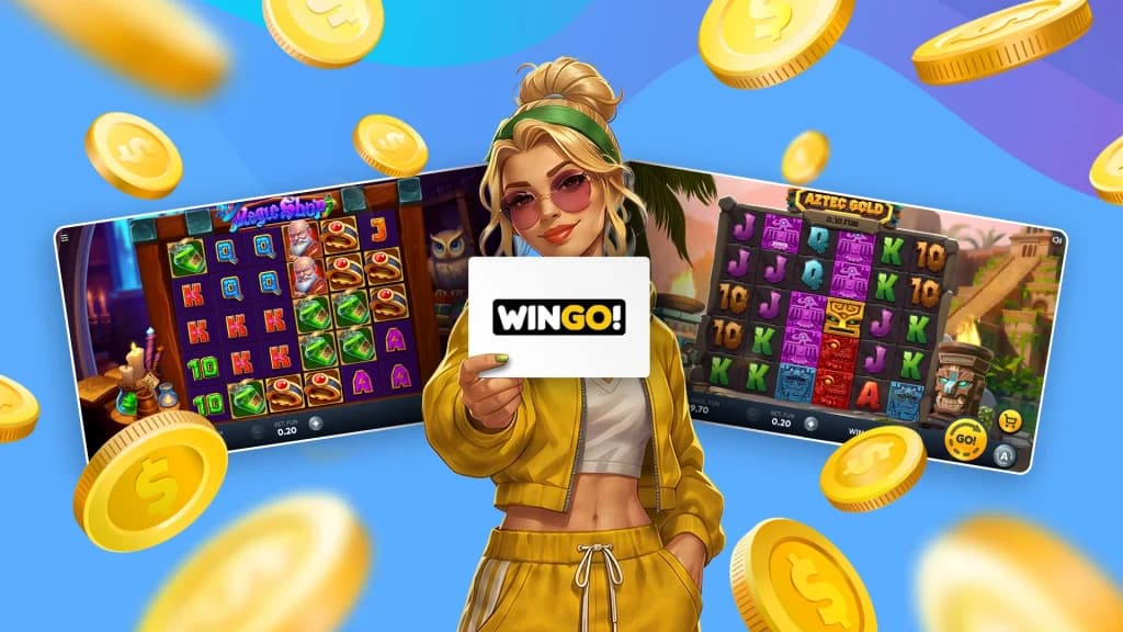 Gold coins fly around a woman in a gold tracksuit holding a white sign that says, “Wingo.” On either side of her, two Wingo slot games are in action: Magic Shop and Aztec Gold Bonanza.
