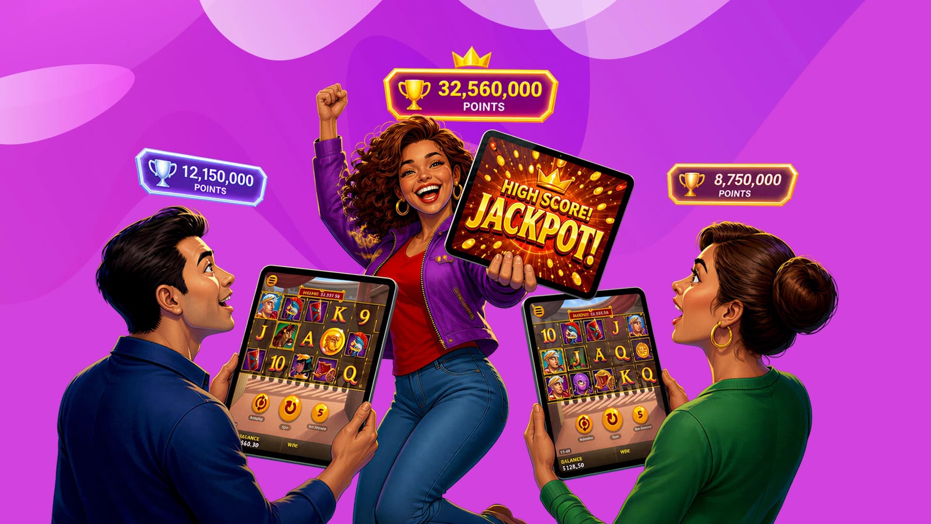 In a purple image, a lady with curly hair jumps with excitement, holding an iPad with a high jackpot win, having just won a slot tournament. Two additional players are on either side of her, showing their slot games.