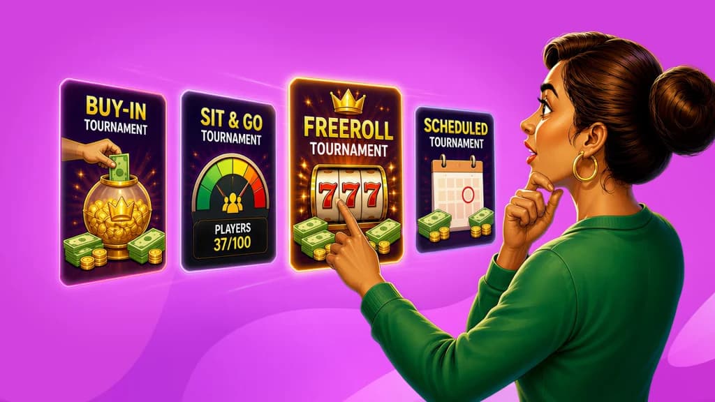 A lady with a bun and a green shirt selects a freeroll-style slot tournament.