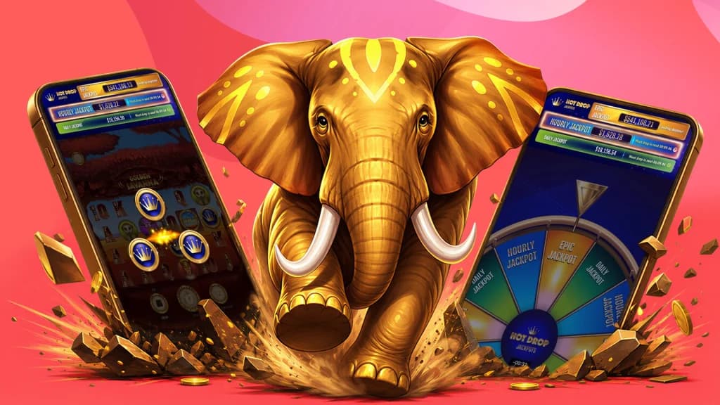 A gold elephant charges toward the foreground, as two smartphones part ways, showing three Hot Drop Jackpot symbols and the proceeding jackpot wheel.
