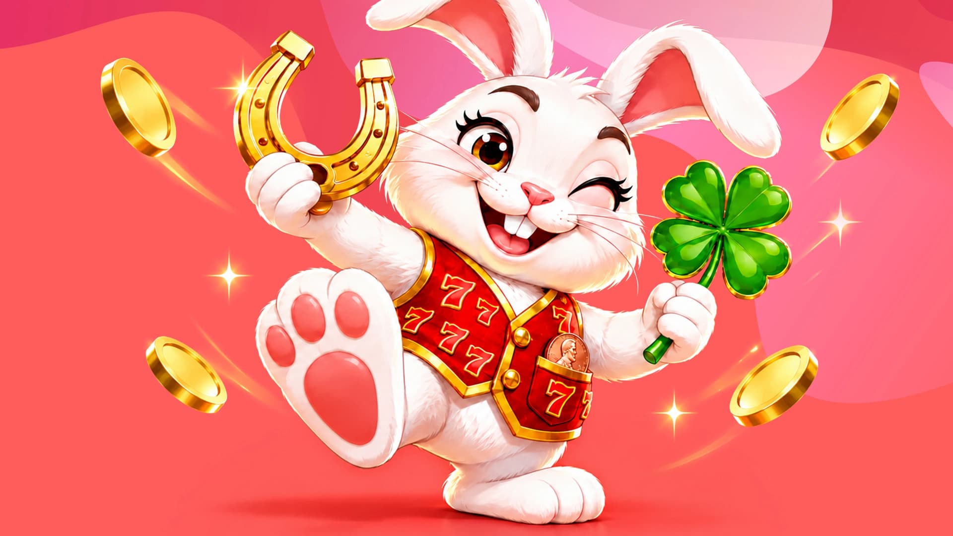 On a pink/red background, a bunny wearing a red vest with 7s holds a four-leaf clover and a horseshoe, dancing among a flurry of gold coins. It shows us the most popular lucky charms for gambling.