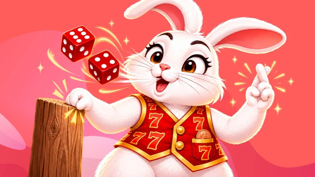 white bunny in a red vest of 7s, with a penny in its pocket, crosses its fingers and blows on a pair of dice as it knocks on wood, practicing some of the most popular rituals players do before gambling.