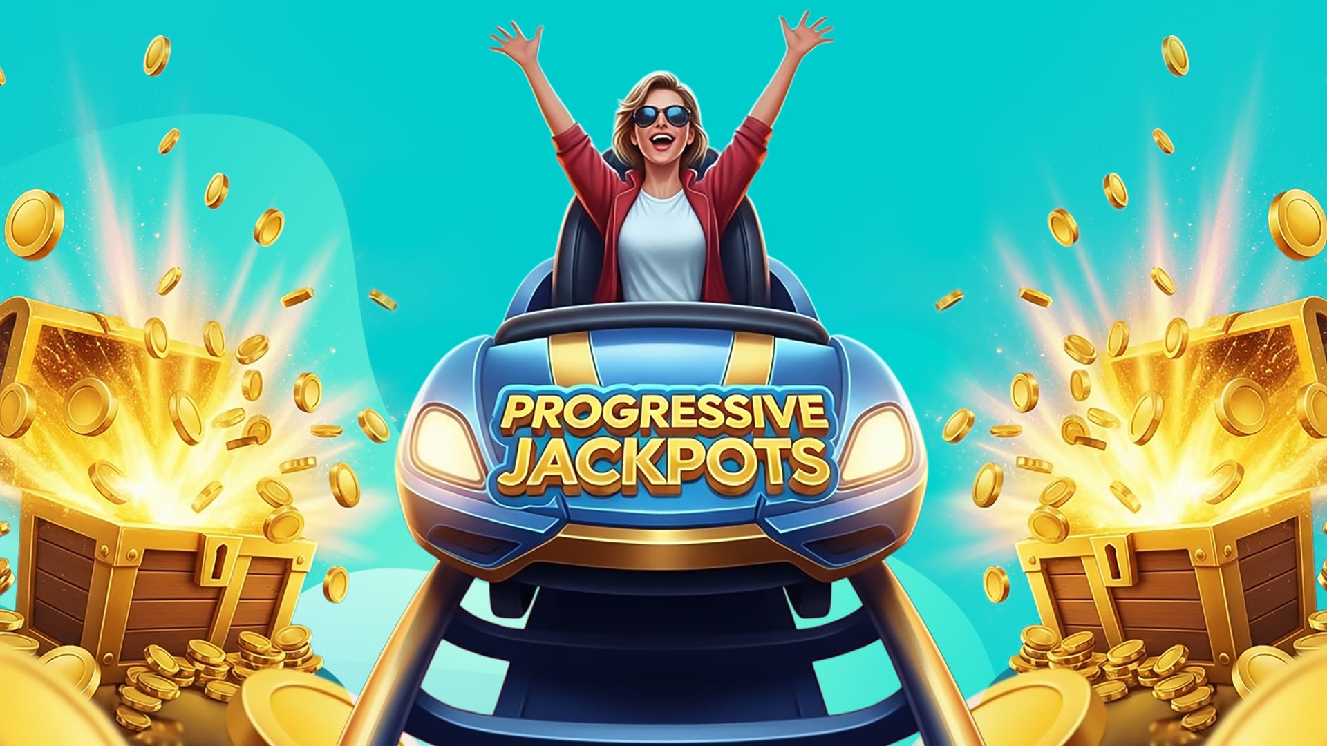 A woman rides a roller coaster called “Progressive Jackpots,” with treasure chests of gold coins sprouting open in her wake.