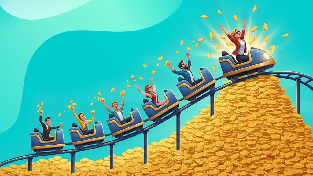 Six roller coaster carts chug up a track with a mountain of gold coins below it, preparing to tip over the peak.