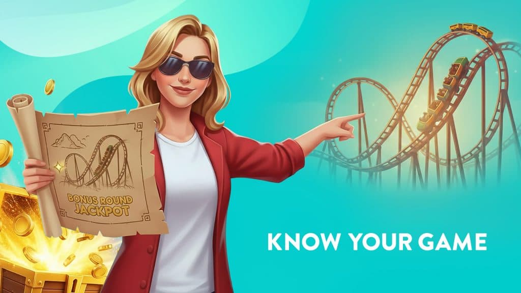 Holding a map, a blonde woman in a white t-shirt and red jacket points toward a loopy rollercoaster on a teal background, with the caption “Know your game” below.