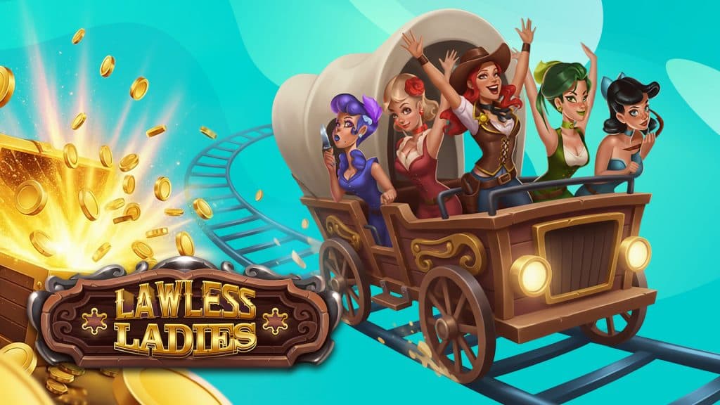 Five outlaw ladies from the slot game Lawless Ladies ride in an 1800s-style covered wagon over a rollercoaster.