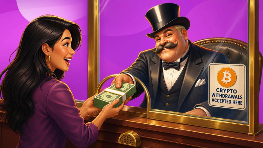 At a casino cashier window, a woman smiles happily as she collects her payout from a smiling man with a mustache.