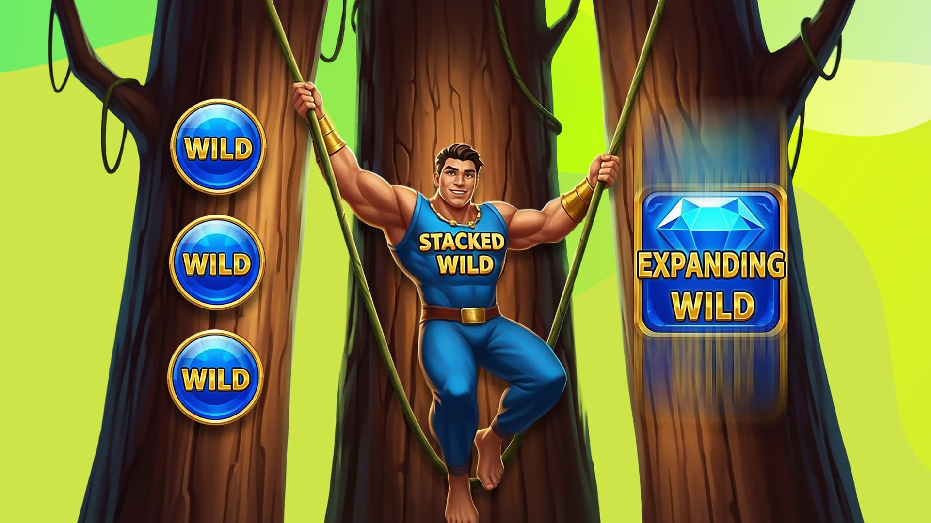 A man swings from a rope swing in front of three tall trees on a green background, with “stacked wild” on his blue tank top. Symbols on the trees show three wilds and an expanding wild.