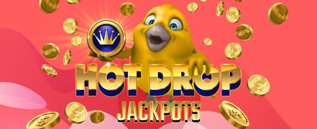 Hot Drop Jackpots logo with coins and yellow bird mascot