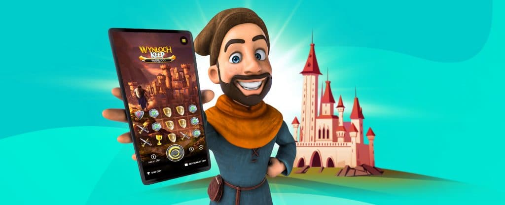 Wynloch Keep slot displayed on a phone beside a castle character