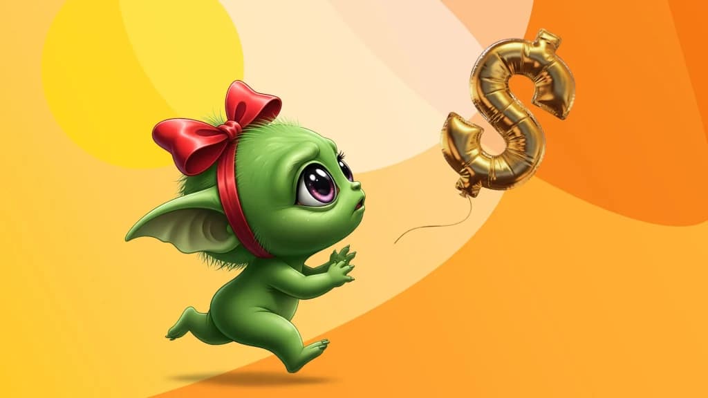 On a gold background, a gold “$” balloon floats away from a little green gremlin, as the creature chases after it.