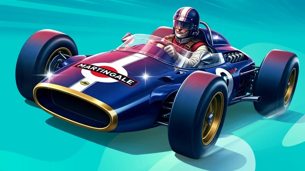 A blue and red racecar labeled “Martingale” shimmers on a teal background, with a determined driver behind its wheel.