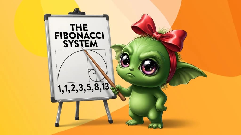 The gremlin looks very serious as it points out the Fibonacci sequence on a whiteboard. Both are on a gold background.