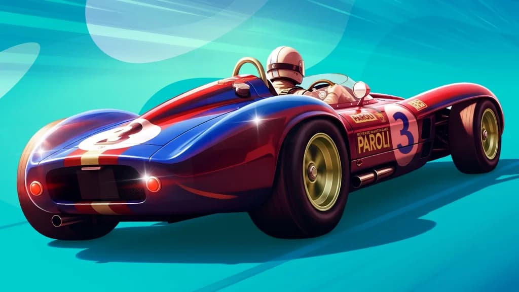 The “Paroli” racecar accelerates forward, its fresh red and black paint shimmering over a teal background.