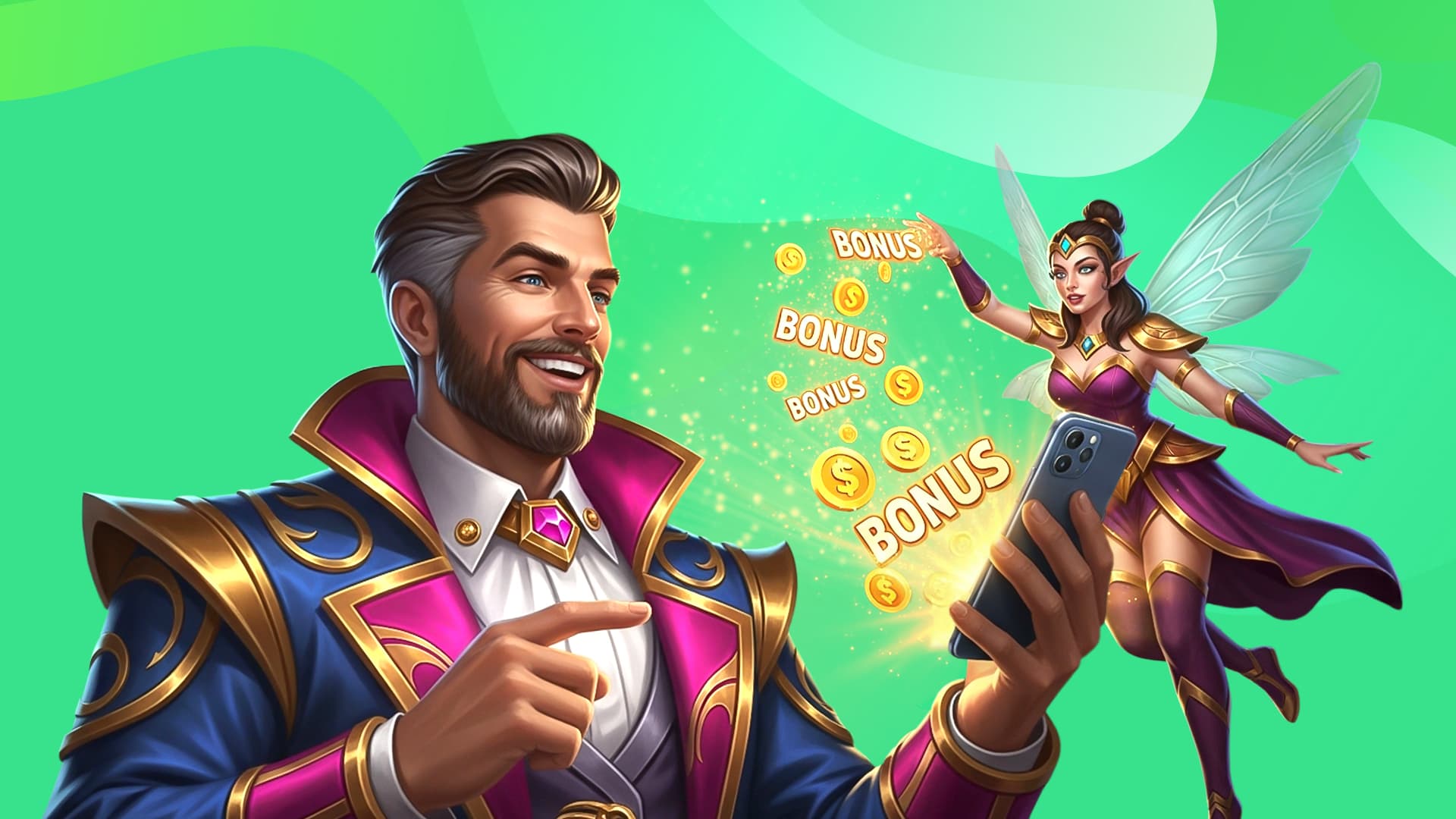 A man in an elaborate suit holds a phone in his hand. A fairy in a purple dress flies to his right on a green background, sprinkling bonus coins into his phone.
