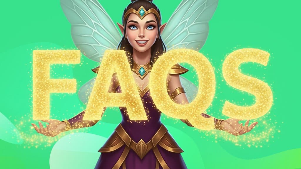A smiling fairy holds a glittering gold “FAQS” set of words made of fairy dust on a green background.