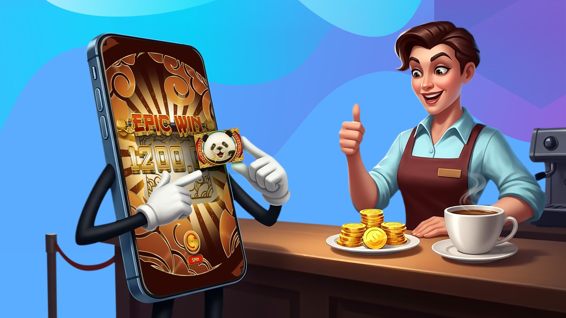 A barista in an apron flashes a thumbs-up to a smartphone ordering coffee. On the smartphone screen is the mobile slot Cai Fu Dai Panda.
