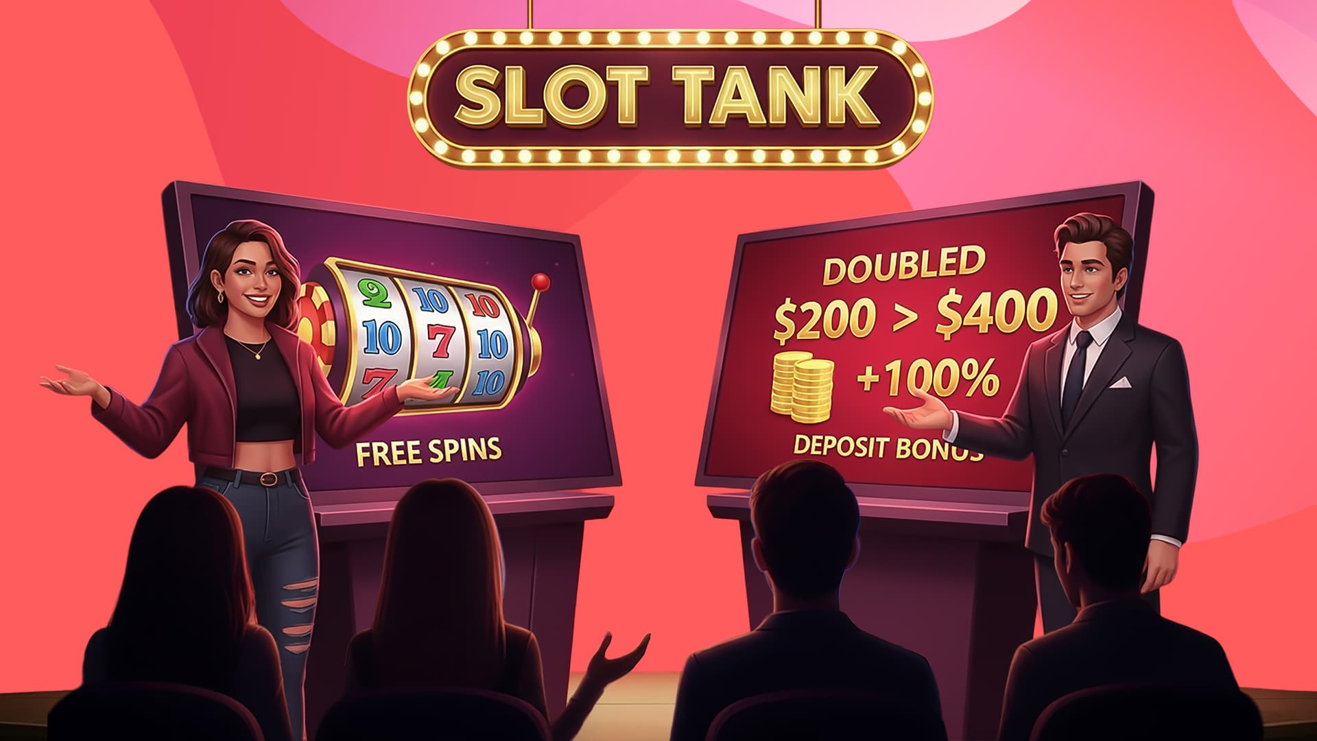 On a pink background, a woman and a man present their bonus types: free spins and deposit bonus, on charts in front of four judges.
