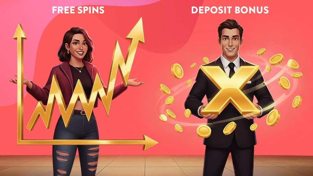 A woman stands behind a chart showing the value of a free spins bonus. A man stands in front of an ‘X’ with gold coins as his representation of a deposit bonus.
