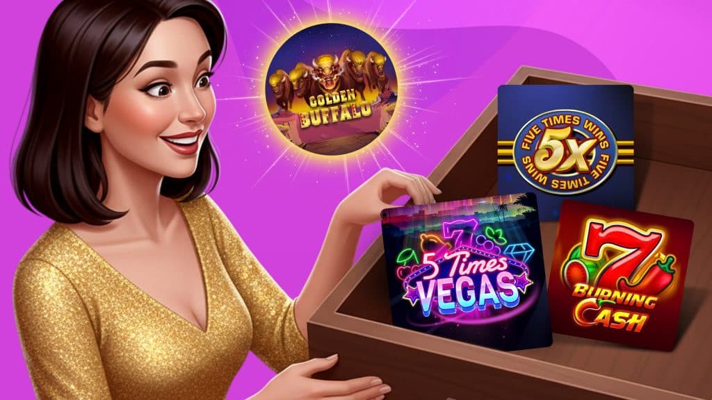 Three low-volatility slot games rest within a wooden tray: 5 Times Vegas, 5x Wins, and 7 Burning Cash, with Golden Buffalo hovering above. A woman in a shiny gold shirt points at the games.
