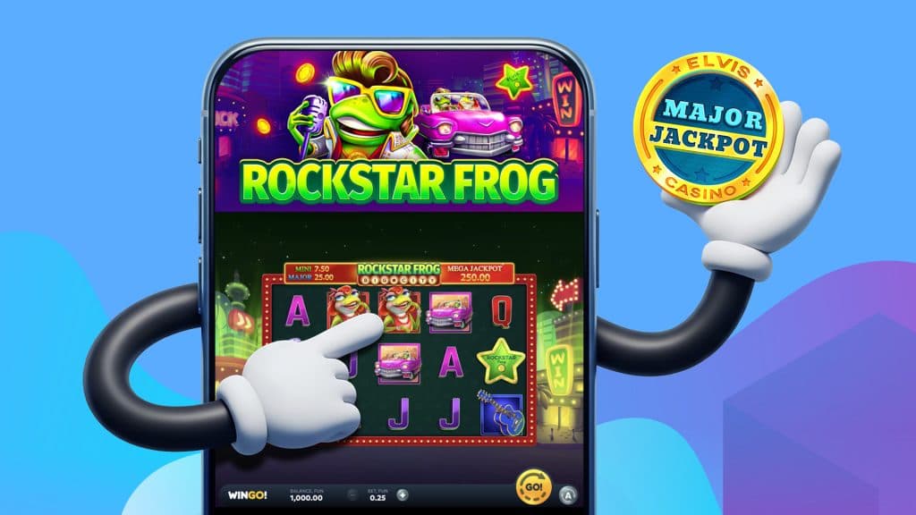 The Rockstar Frog mobile slot spins its reels on a phone, holding a Major Jackpot badge on a blue background.
