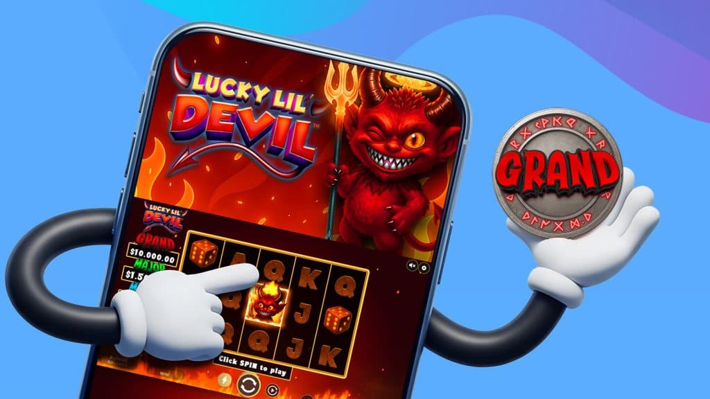 We see a Grand Jackpot badge in the right hand of a smartphone showing the slot game Lucky Lil Devil.