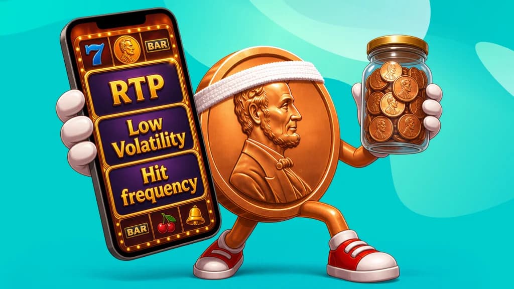 In a teal image, a penny wearing a sweatband and red sneakers holds a smartphone showing the RTP, low volatility, and hit frequency of a penny slot. In its other hand is a jar of pennies.