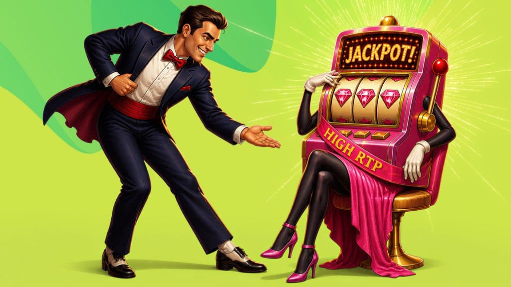 Prepared to begin the dance of choosing the best slot machine, a man leans down to take the hand of a high RTP slot machine, dressed in pink.