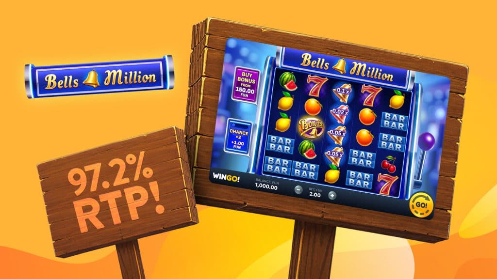 Bells Million is being played on a wooden picket sign. To its left, we see the 97.2% RTP on a gold background.