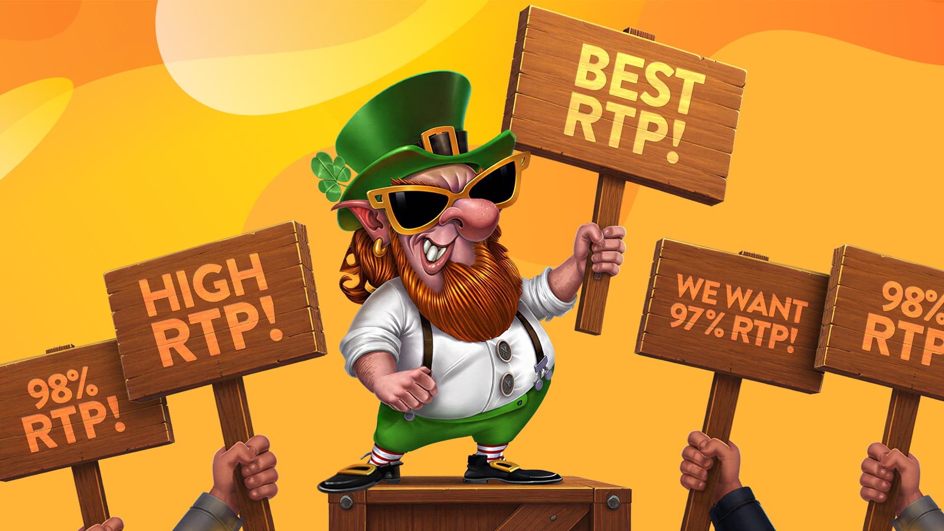 Larry the Leprechaun stands in front of multiple picket signs that say they want high RTPs and show RTPs of 98% and 97%, demonstrating that SlotsLV Casino has high-payout slots.