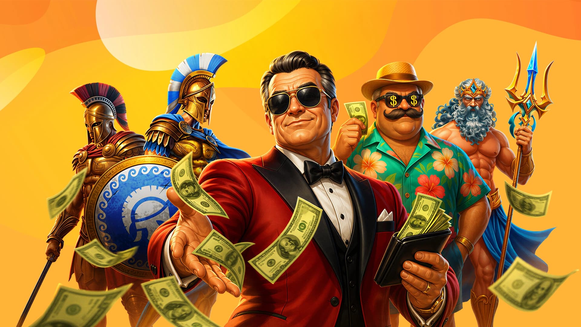 A high roller in a red tux flips hundred-dollar bills like they’re nothing. Behind him are the characters of the best high roller slots at SlotsLV Casino.