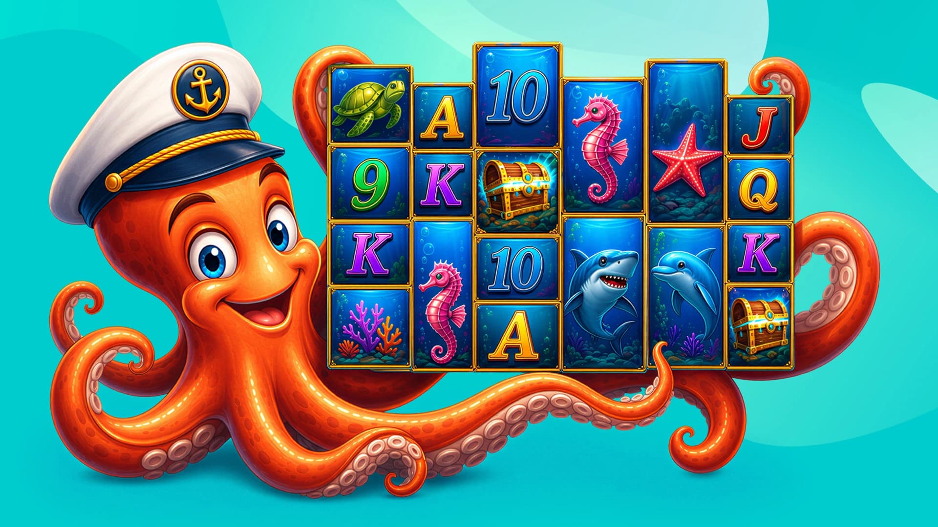An orange octopus in a sailor’s hat uses its tentacles to hold a Megaways slot game, showing a varying number of ways to win.