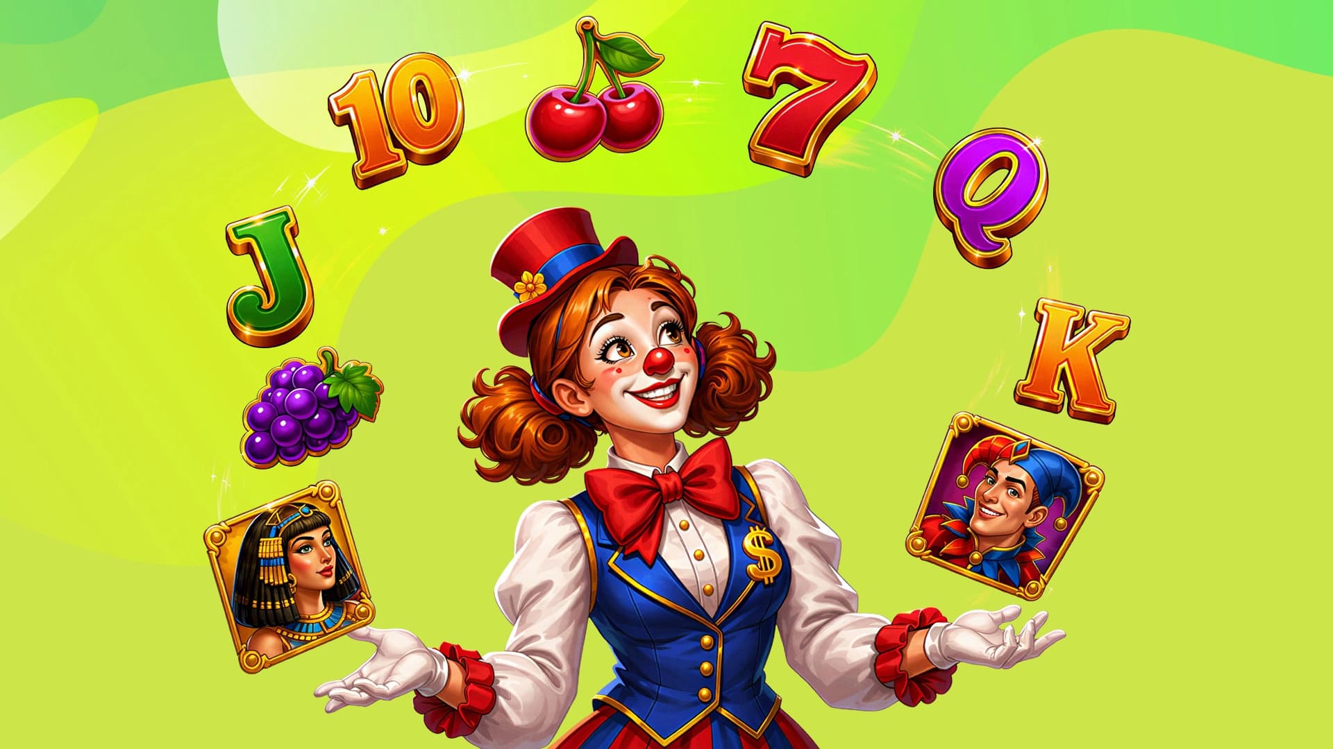 In a lime green image, a lady clown juggles various slot symbols, from themed games to playing cards to fruit symbols.