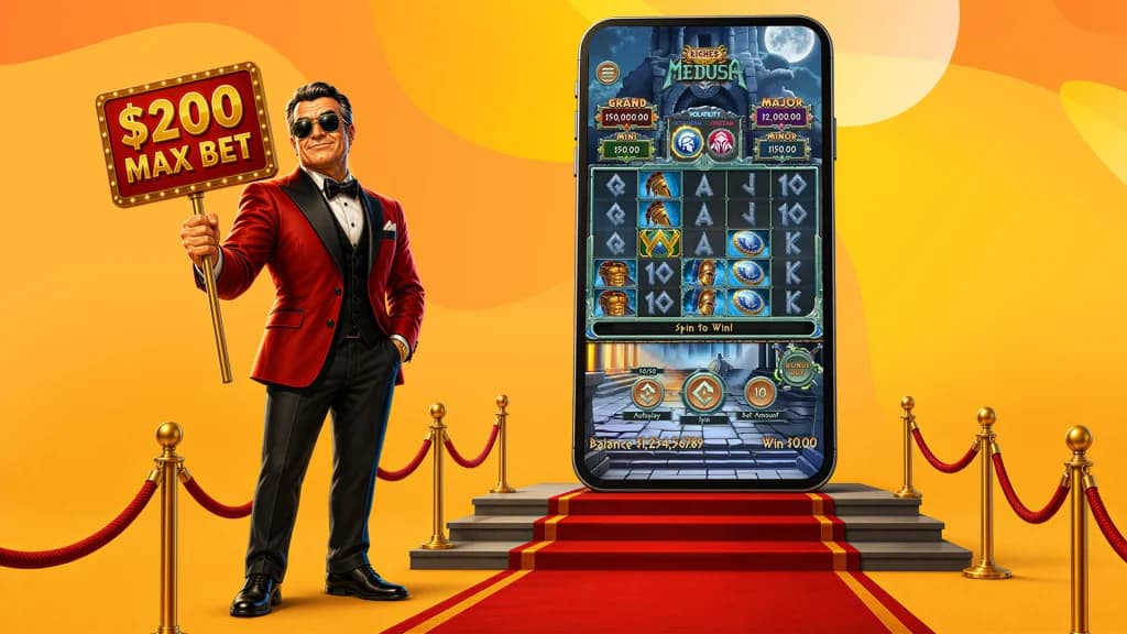 On a smartphone, the game Riches of Medusa is in action, and a red-suited high roller holds a sign that says, “$200 max bet.”