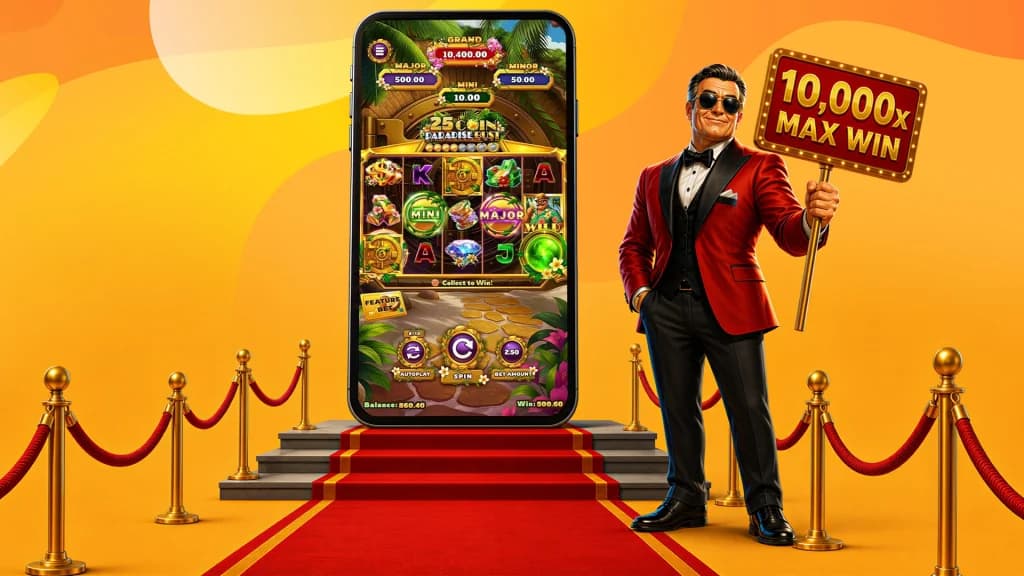 In a gold image, a gentleman high roller holds a sign that says, “10,000x max win,” referring to the game 25 Coin Paradise Bust, which is being played on a smartphone behind him.