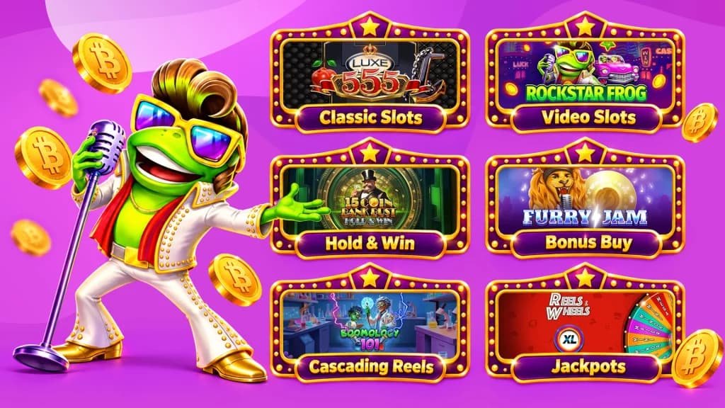 Six crypto slots are displayed in marquee lights, while a dancing Elvis frog sings a tune to the side.