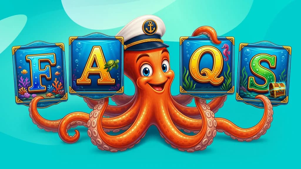 “FAQS” is shown on separate framed photos, held up by an orange octopus in a captain’s hat on a teal background.