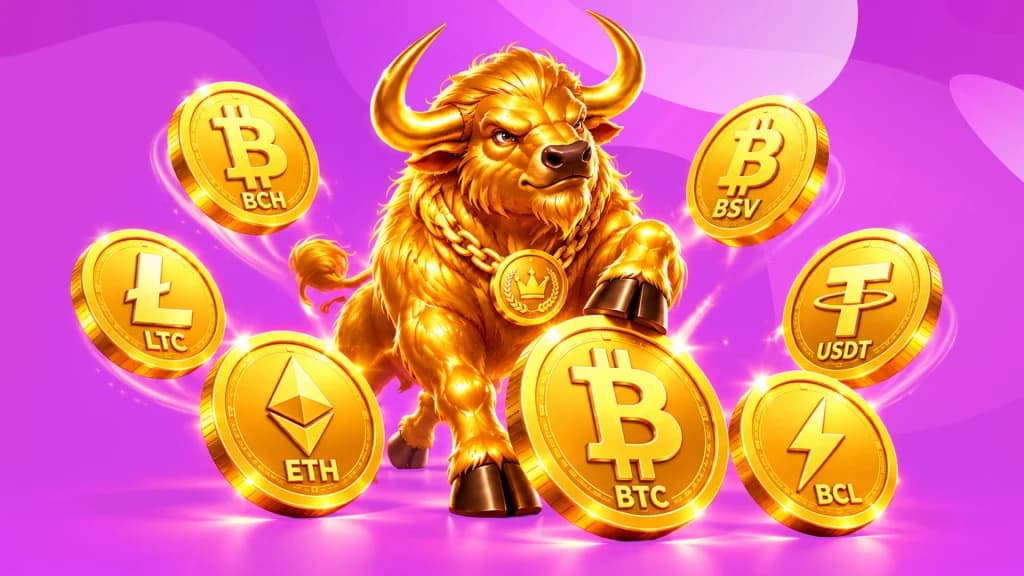 A golden buffalo rests its hoof on a gold Bitcoin, while the coins of other cryptocurrencies surround him in a circle.