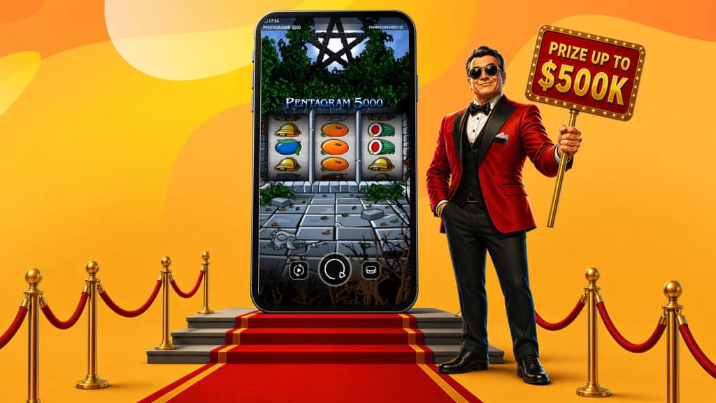 Pentagram 500, a high roller slot, has a $500K max win, which is displayed on a red sign held up by a high roller in dark shades.