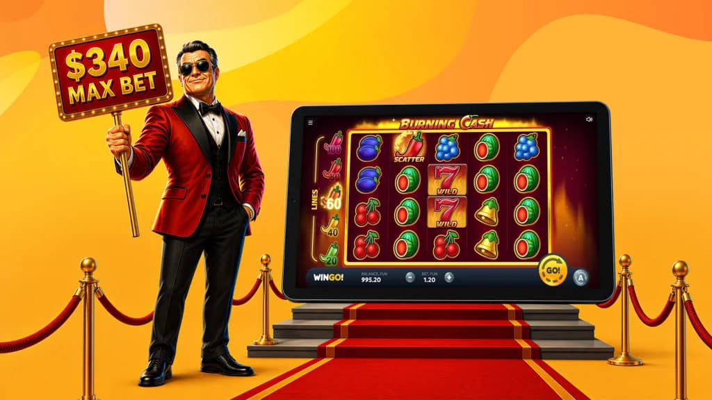 A tablet shows the high roller game Burning Cash in action, while a rich guy in a red blazer holds a flashing sign with its max bet of $340.